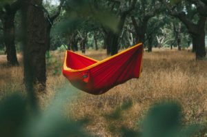 Rote Hängematte im Wald
